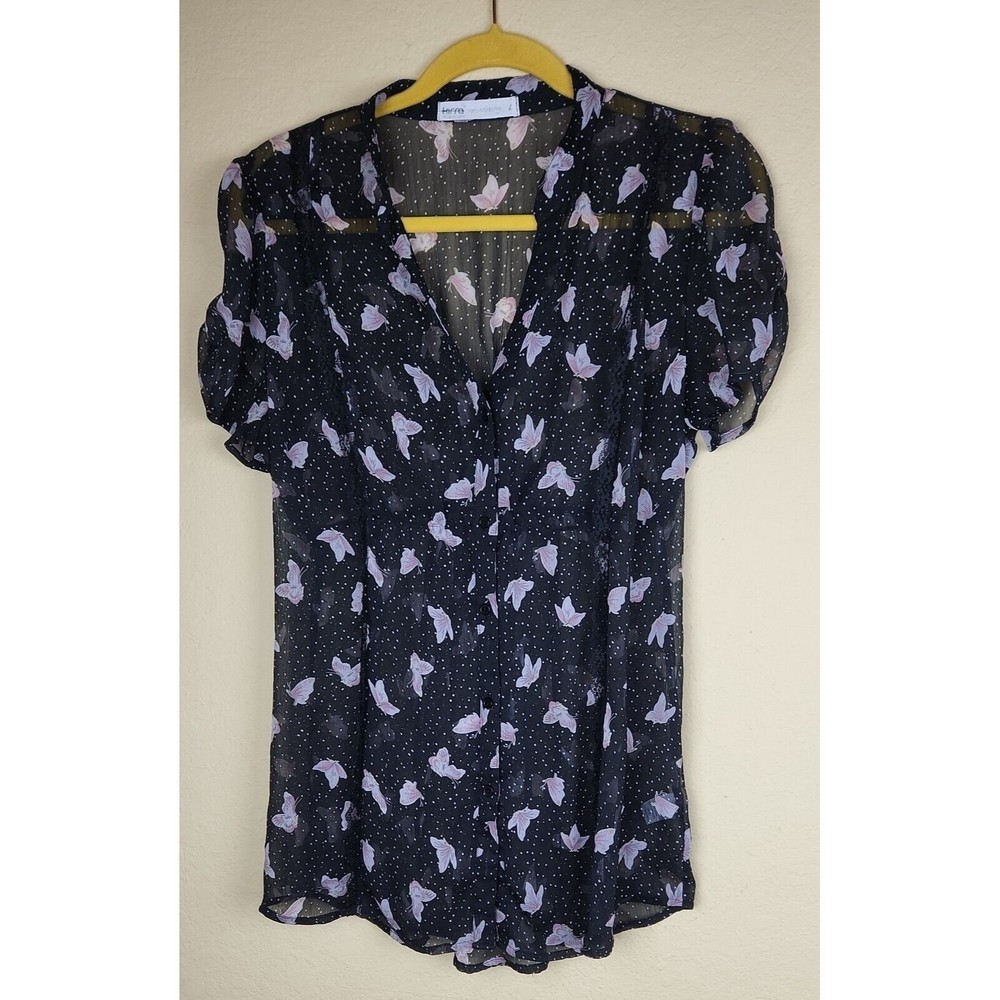 Kirra Butterfly Polyester Top lace lined black sheer lightweight L‎ puff sleeve